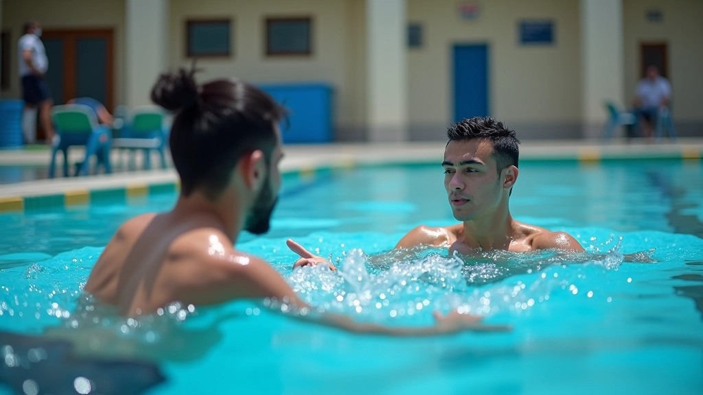 مدرب سباحة محترف يوضح تقنية السباحة الحرة لطالب في حوض السباحة