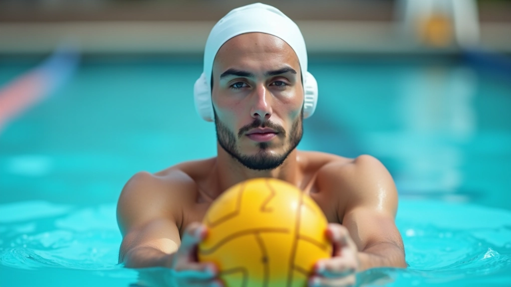 لاعب كرة ماء يقوم بتمرير الكرة بين يديه مع التركيز على وضعية الأصابع والقبضة الصحيحة